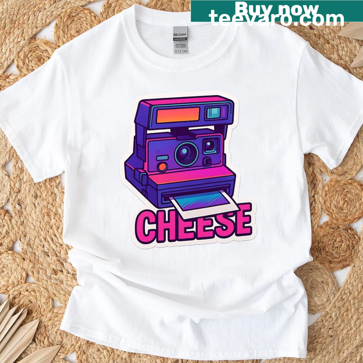 Vintage Polaroid Camera t-shirt with 'Say Cheese' slogan — on a men's t-shirt