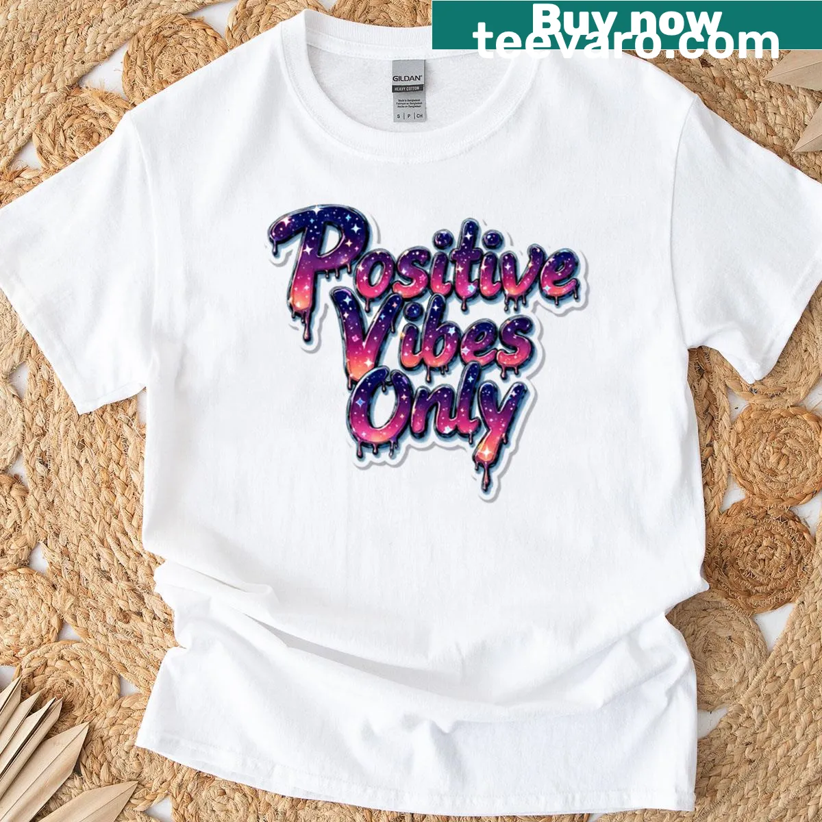 T-shirt with 'Positive Vibes Only' in cosmic drip lettering — on a men's t-shirt