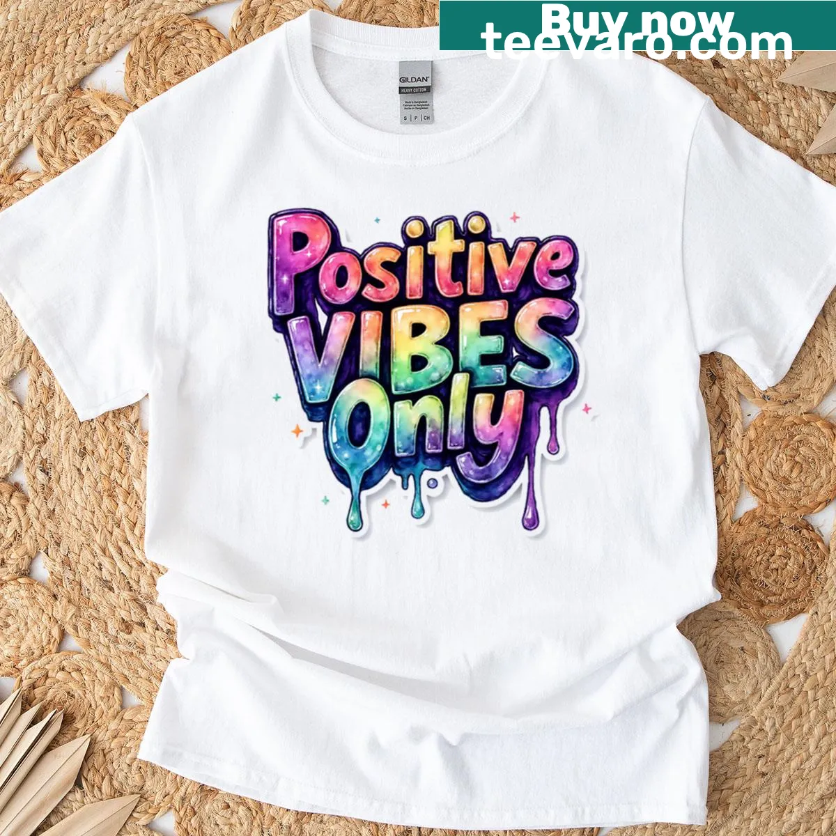 Positive Vibes Only in colorful drip lettering design — on a men's t-shirt