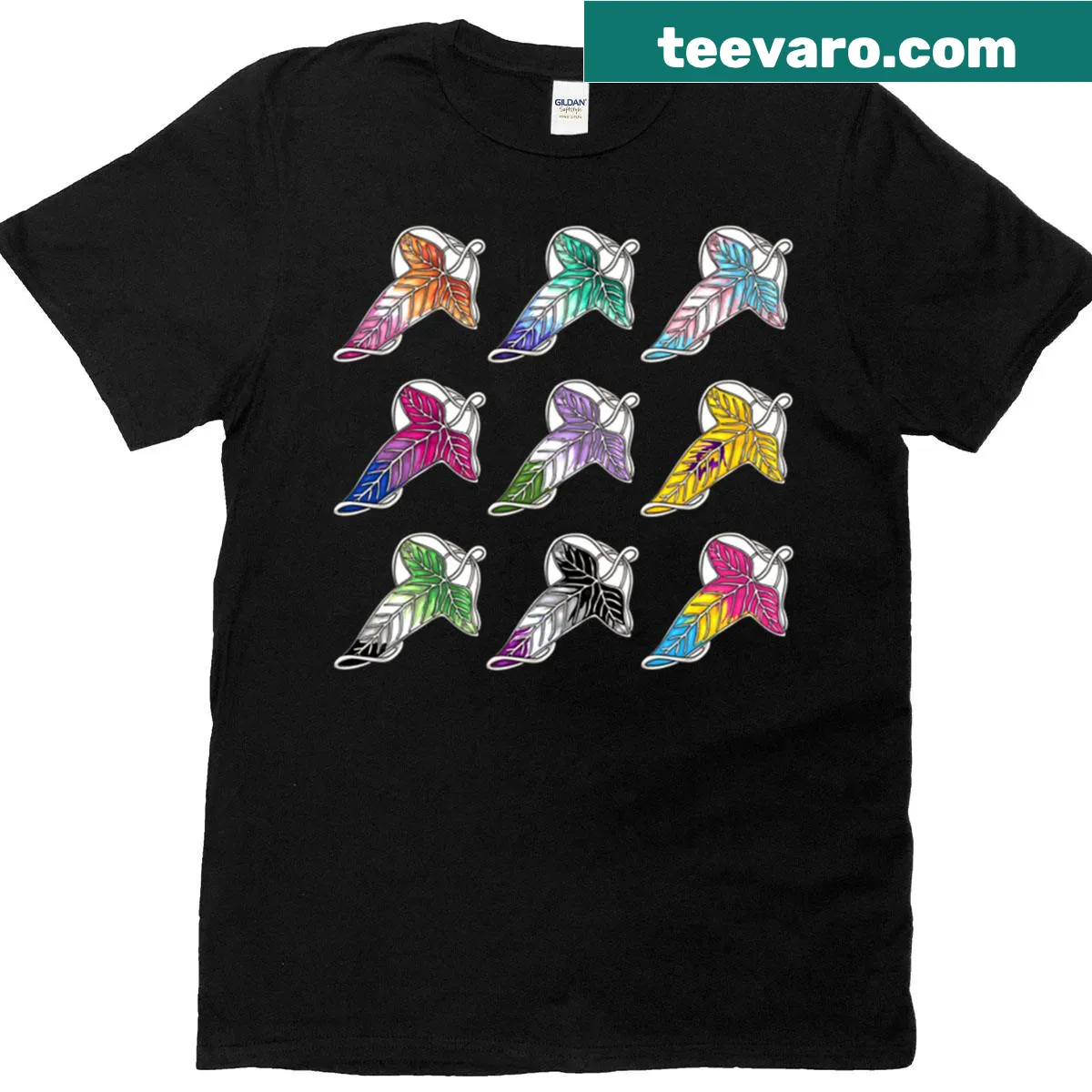 Whimsical Pride Elf Leaves T-shirt with enchanting motifs — on a men's t-shirt