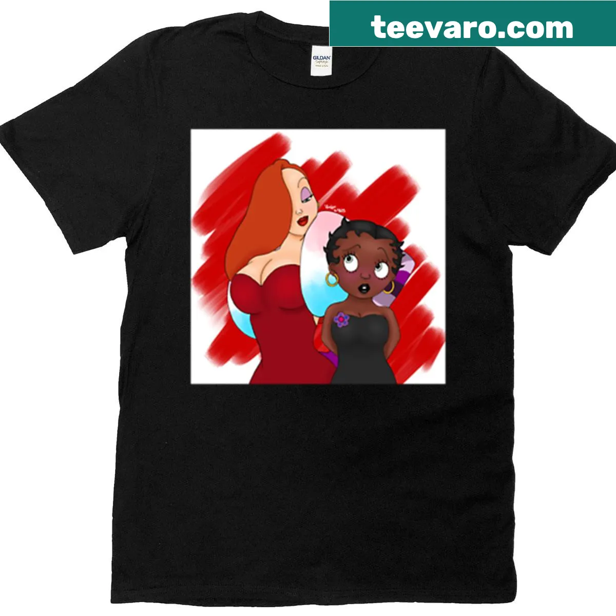 Fan art T-shirt featuring Jessica Rabbit and Betty Boop in a whimsical illustration — on a men's t-shirt