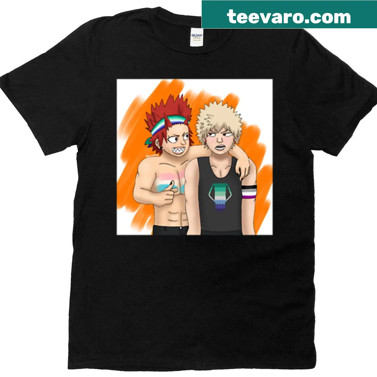 Anime fan art T-shirt featuring Kiribaku characters in a creative design — on a men's t-shirt