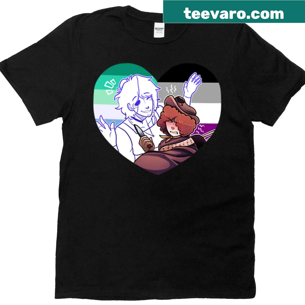 Mack and Chris illustrated t-shirt with heart design — on a men's t-shirt