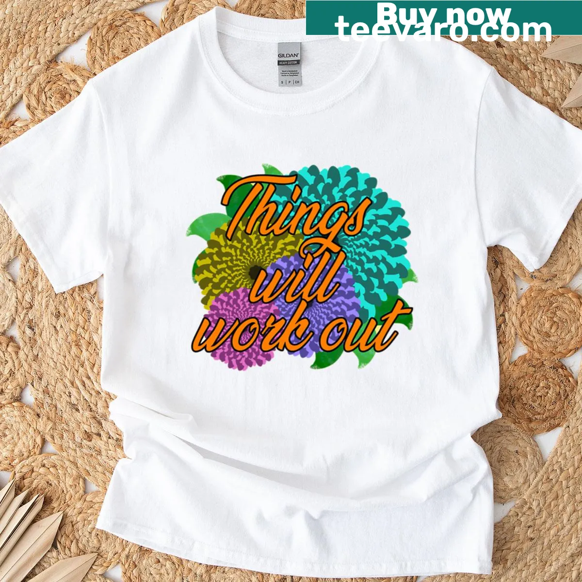 Psychedelic flower illustration with the text Things Will Work Out on T-shirt — on a men's t-shirt