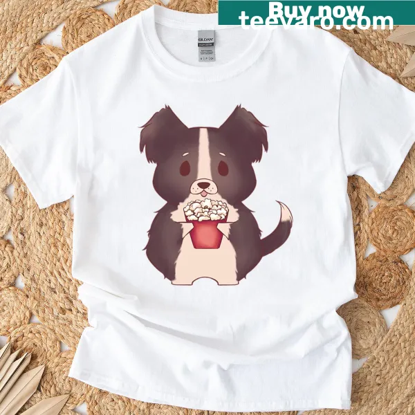 Cartoon puppies enjoying popcorn in a playful t-shirt design