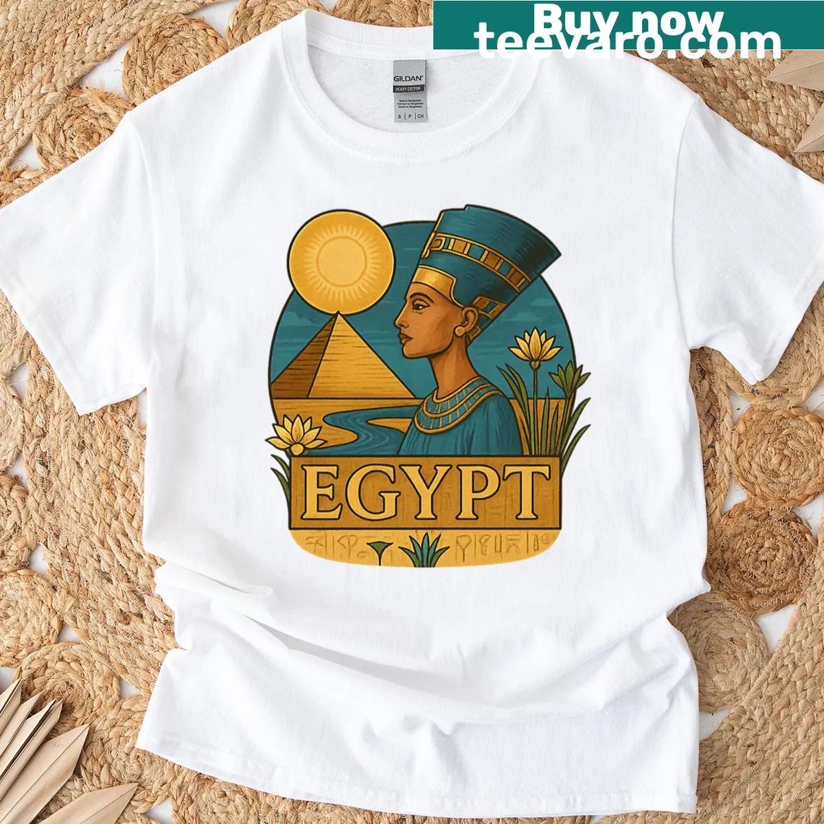 Graphic of Queen Nefertiti representing ancient Egyptian beauty — on a men's t-shirt