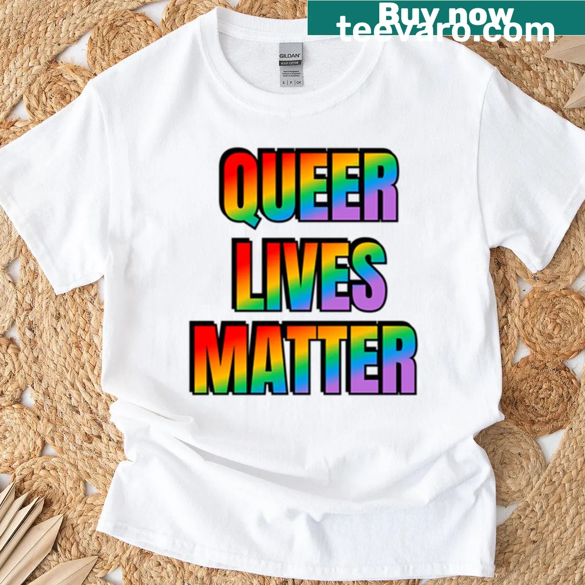 T-shirt with bold text stating 'Queer Lives Matter' — on a men's t-shirt