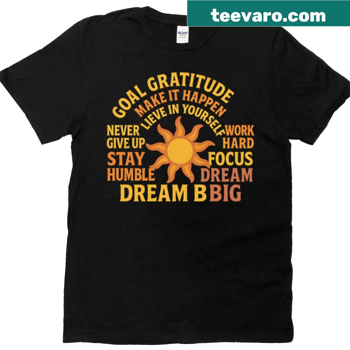 Bold motivational typography with a sunburst design for inspiration — on a men's t-shirt