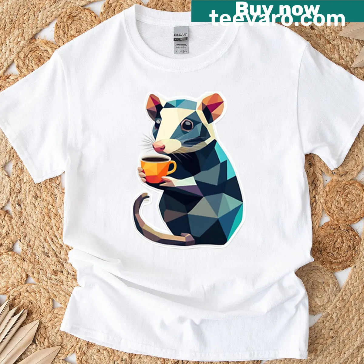 Cartoon opossum drinking coffee with geometric mosaic design — on a men's t-shirt