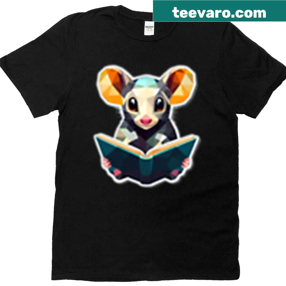 Geometric opossum reading books in colorful mosaic art on t-shirt — on a men's t-shirt