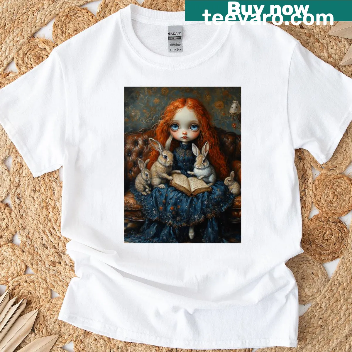 Illustration of rabbits reading a book in a serene setting — on a men's t-shirt