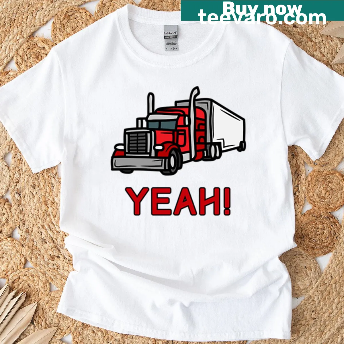 T-shirt featuring a red truck illustration — on a men's t-shirt
