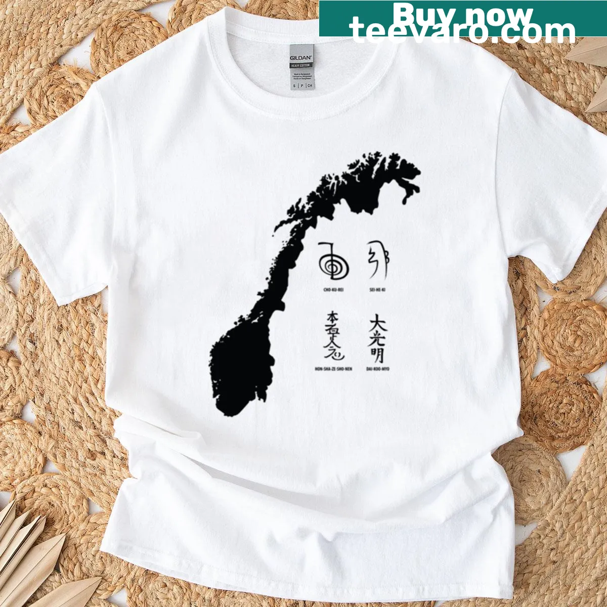 Illustrated Reiki Map of Norway T-shirt with symbols and serene design — on a men's t-shirt