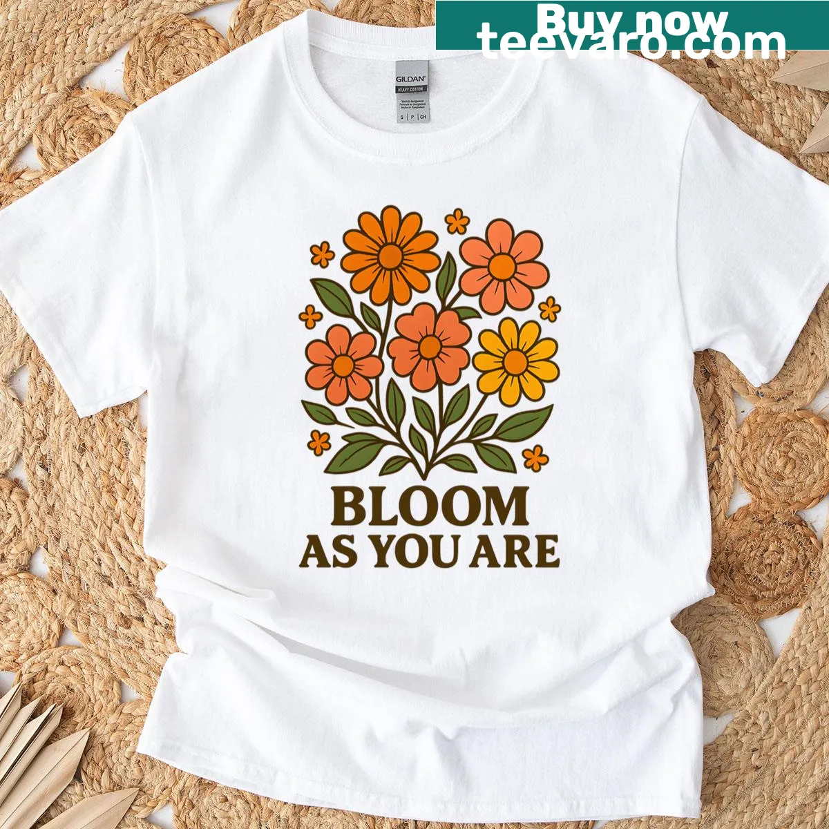 Vintage floral T-shirt with 'Bloom As You Are' motivational quote — on a men's t-shirt