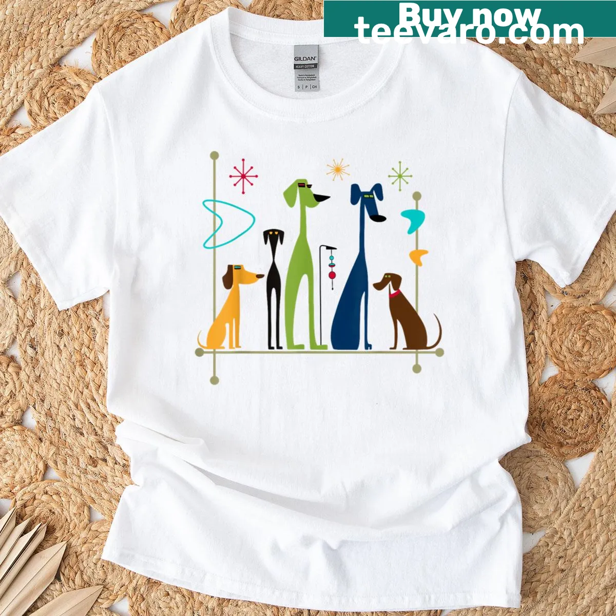 Vintage-style T-shirt featuring mid-century modern dog graphics — on a men's t-shirt
