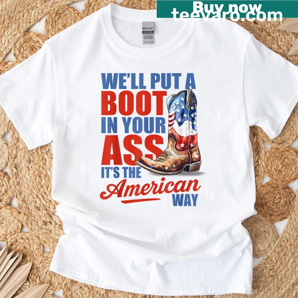Patriotic T-shirt with a boot and USA flag illustration for cowgirls — on a men's t-shirt