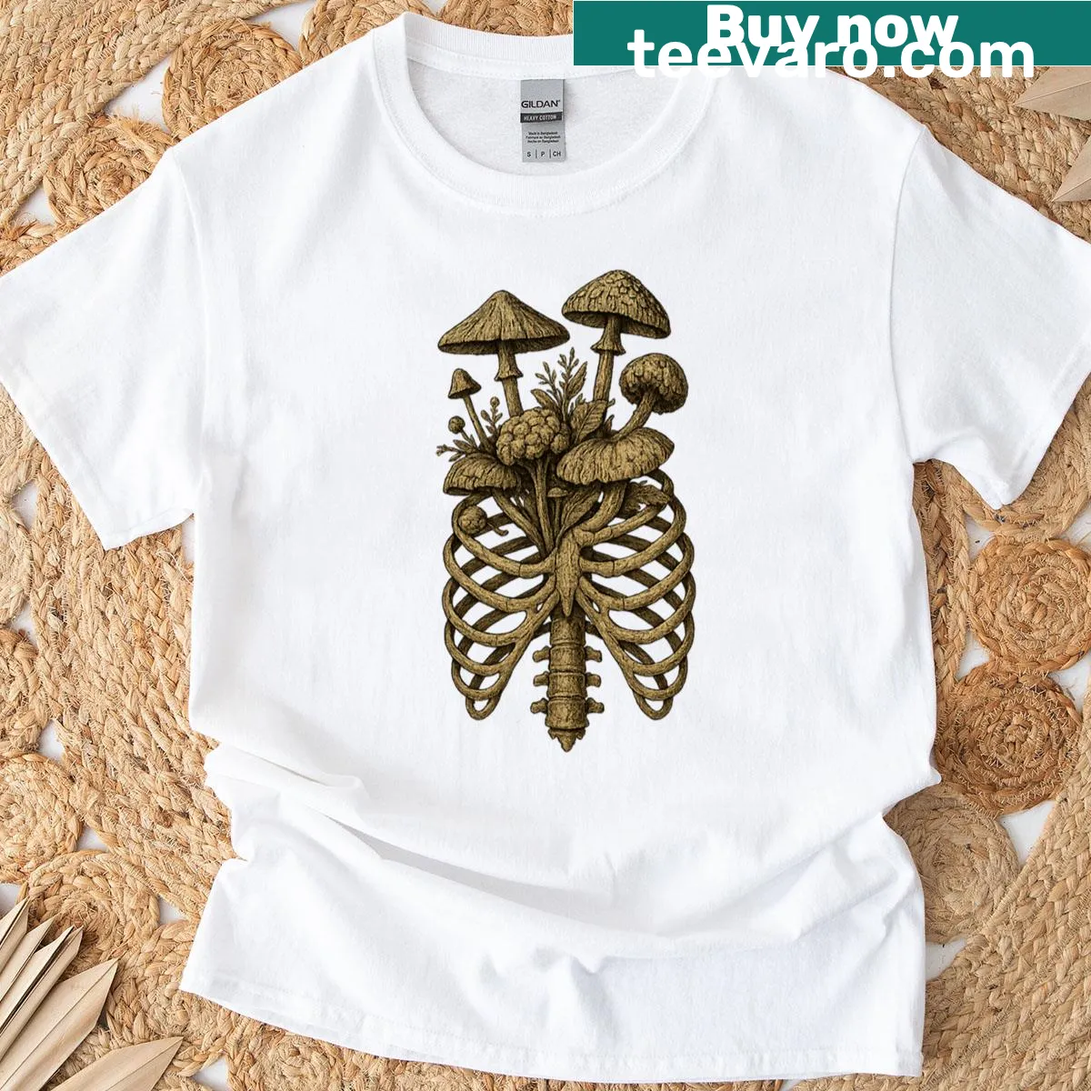 Gothic T-shirt featuring ribcage and blooming fungi graphic — on a men's t-shirt
