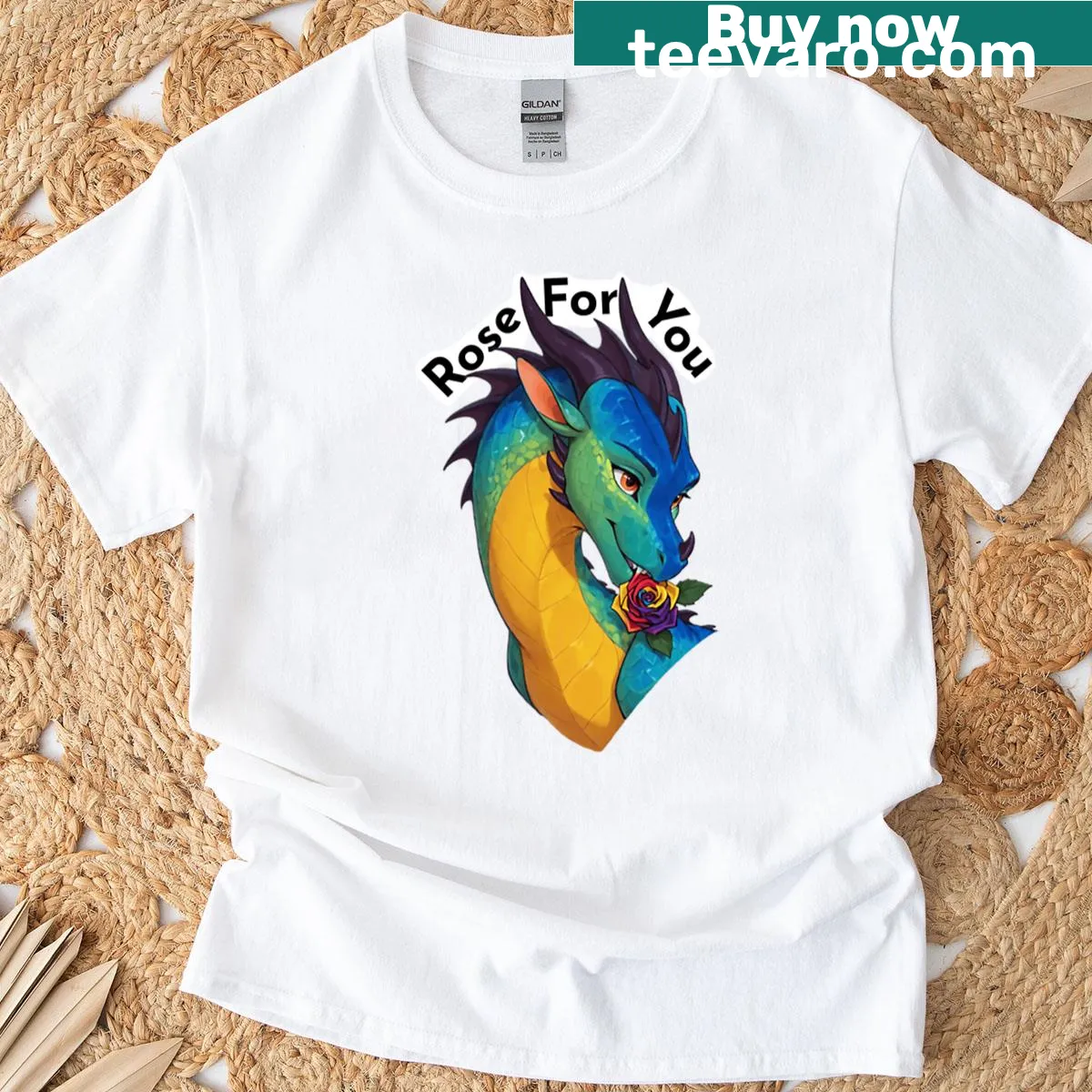 Dragon with wings and a rose design on T-shirt — on a men's t-shirt
