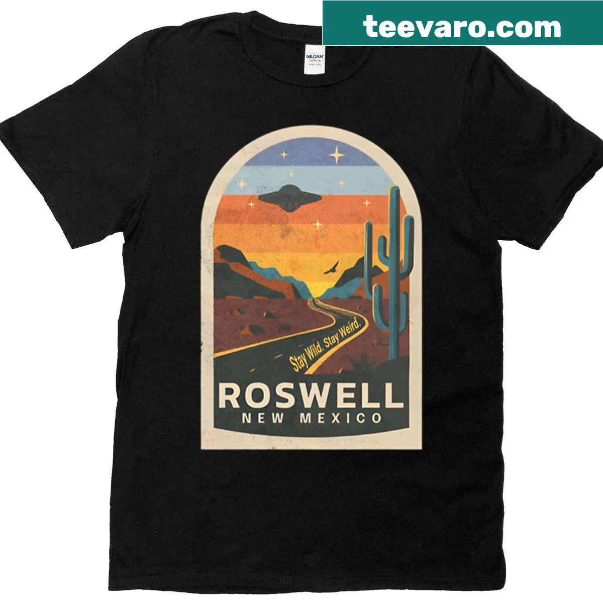 Retro desert t-shirt featuring a UFO design from Roswell — on a men's t-shirt