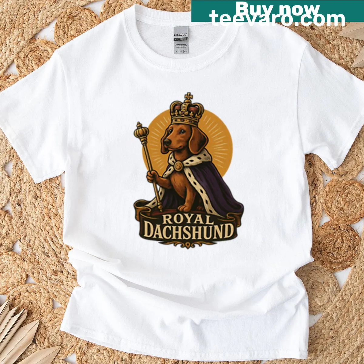 Cartoon dachshund with a crown on a t-shirt — on a men's t-shirt