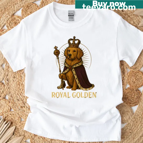Illustration of a crowned golden retriever on a charming t-shirt