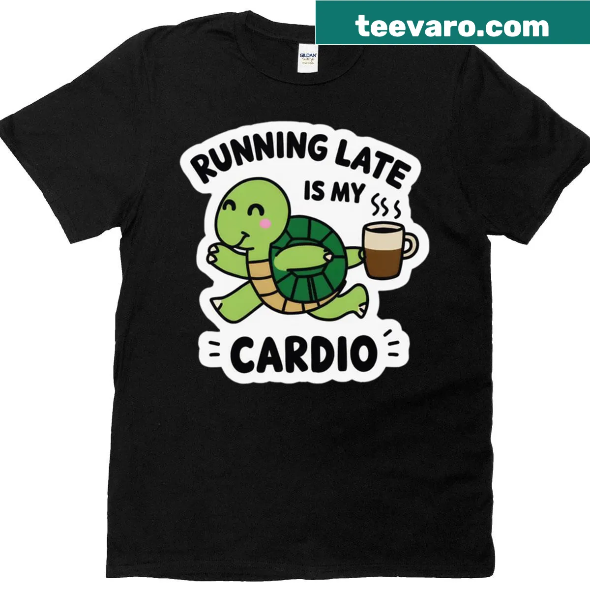 Humorous T-shirt with the phrase Running Late Is My Cardio — on a men's t-shirt