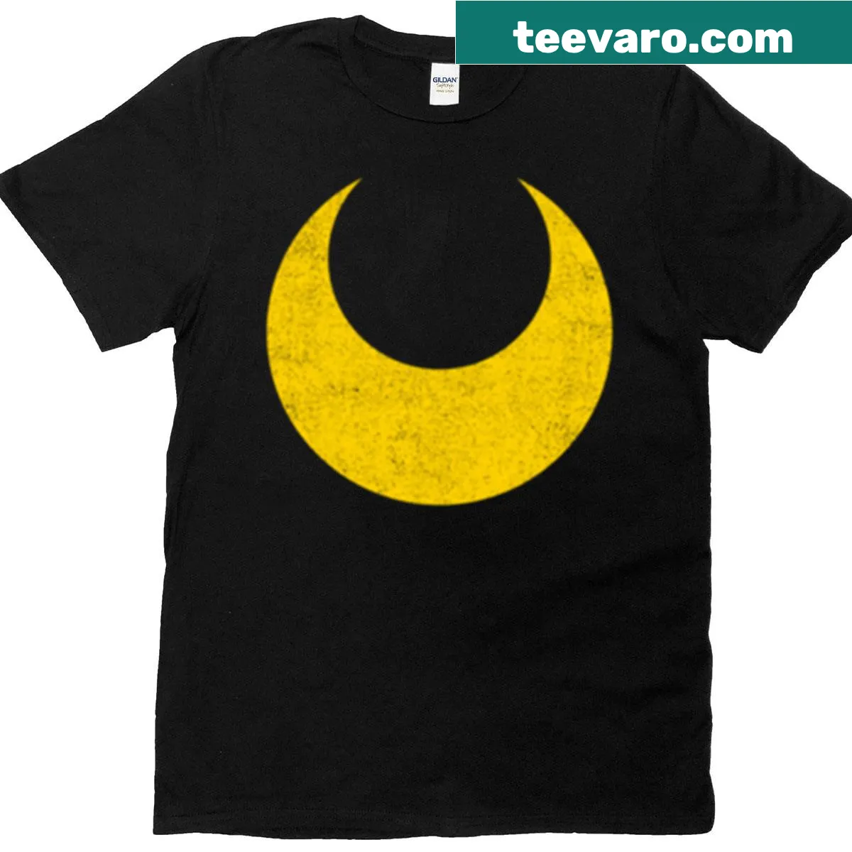 Illustrated Sailor Moon symbol graphic on a T-shirt. — on a men's t-shirt