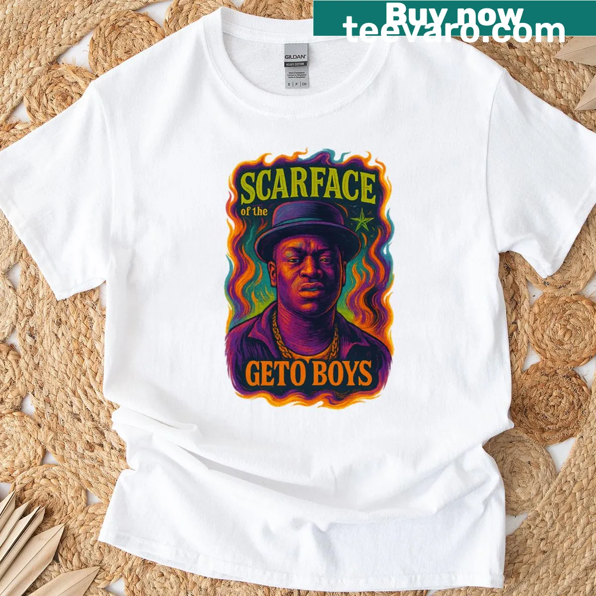 Bold lettering 'Scarface Of The Getto Boys' on a hip-hop inspired t-shirt — on a men's t-shirt