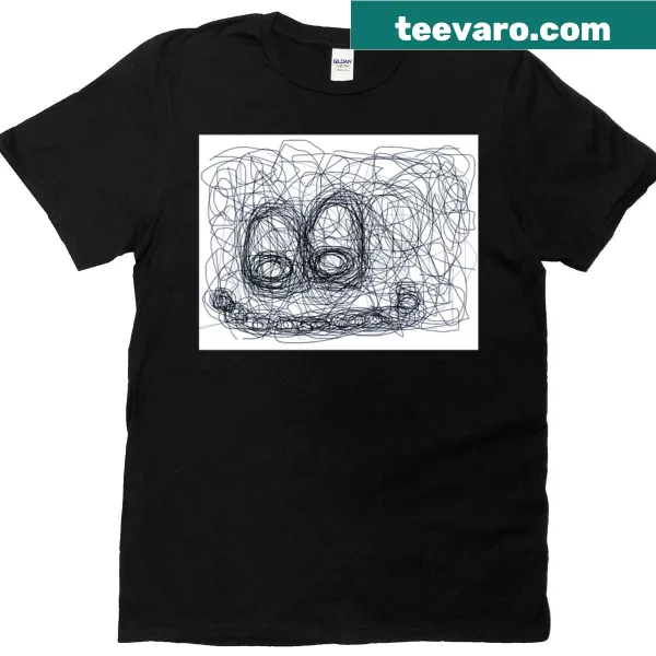 Abstract design T-shirt featuring a smiling face amidst chaotic lines.
