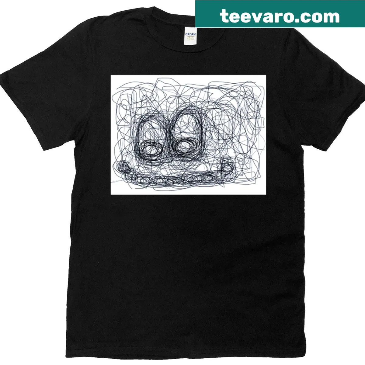 Abstract design T-shirt featuring a smiling face amidst chaotic lines. — on a men's t-shirt