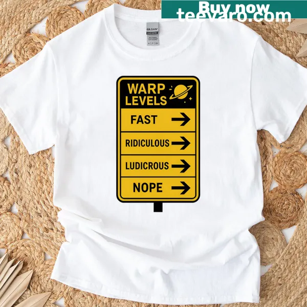 Playful Spaceballs T-shirt with caution graphic.