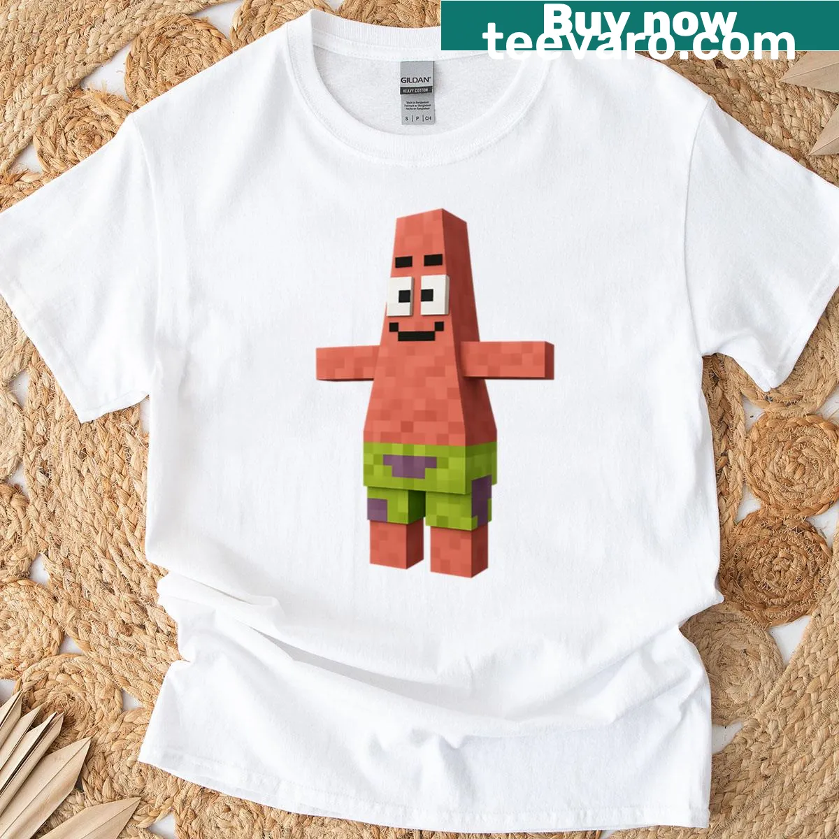 Cartoon-style design of Patrick Star in Minecraft style — on a men's t-shirt
