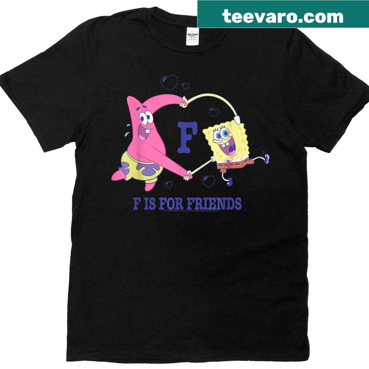 Spongebob Squarepants T-shirt with 'F is for Friends' and heart design. — on a men's t-shirt
