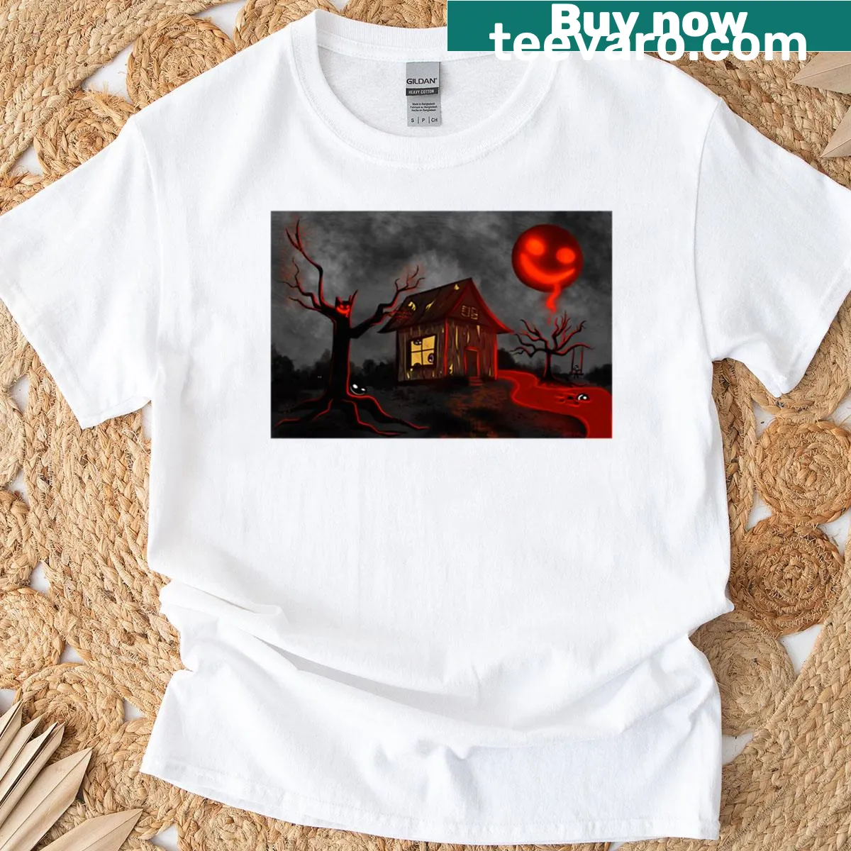Spooky T-shirt with a blood red moon graphic — on a men's t-shirt