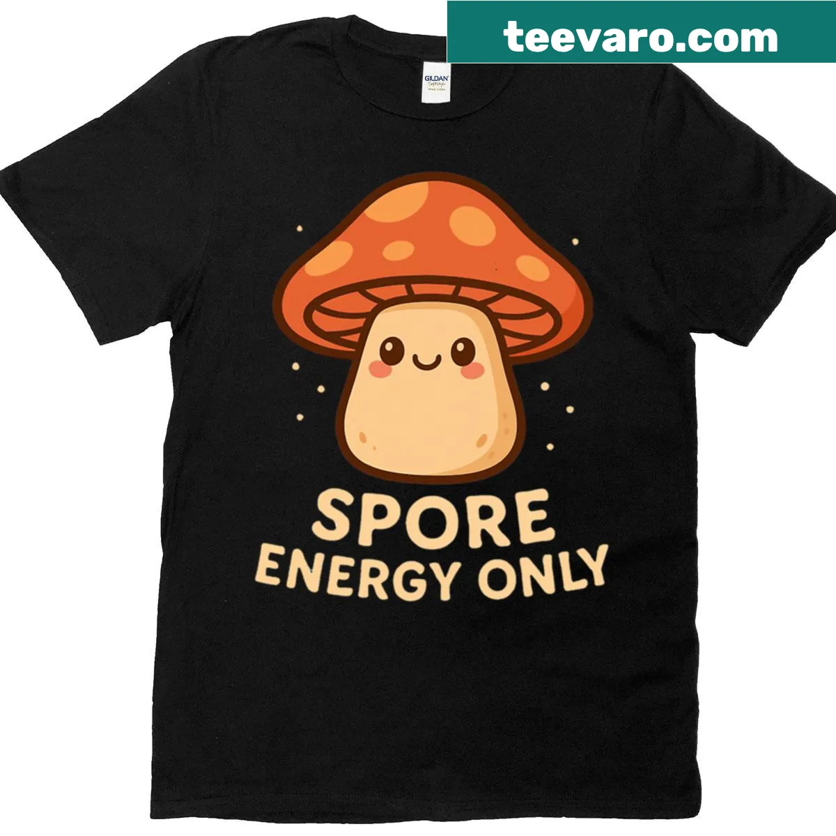 Cute T-shirt featuring a playful mushroom design in Kawaii style. — on a men's t-shirt