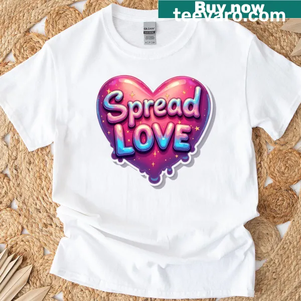 Glossy heart with 'Spread Love' cosmic drip lettering T-shirt