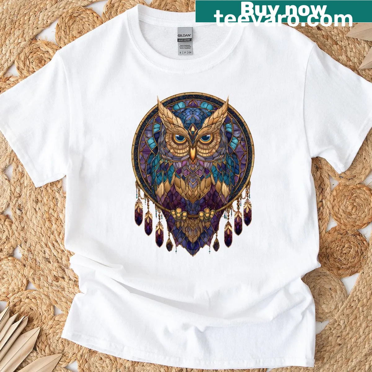 Vintage-style T-shirt featuring a stained glass owl and dreamcatcher design — on a men's t-shirt