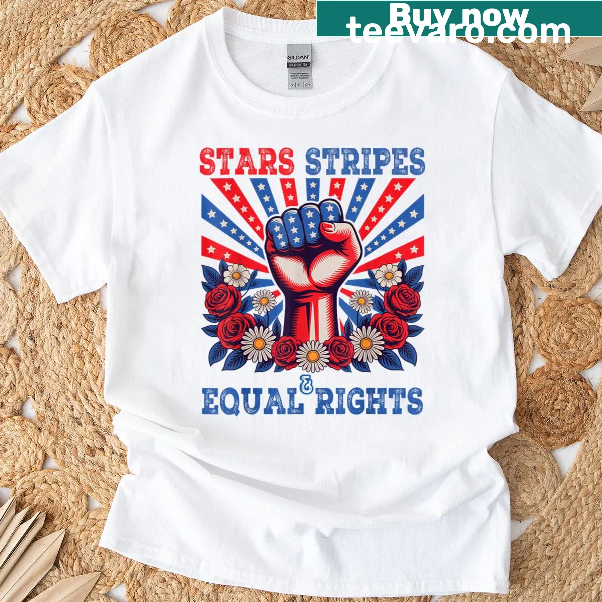 Activist-themed T-shirt with 'Stars Stripes And Equal Rights' graphic — on a men's t-shirt