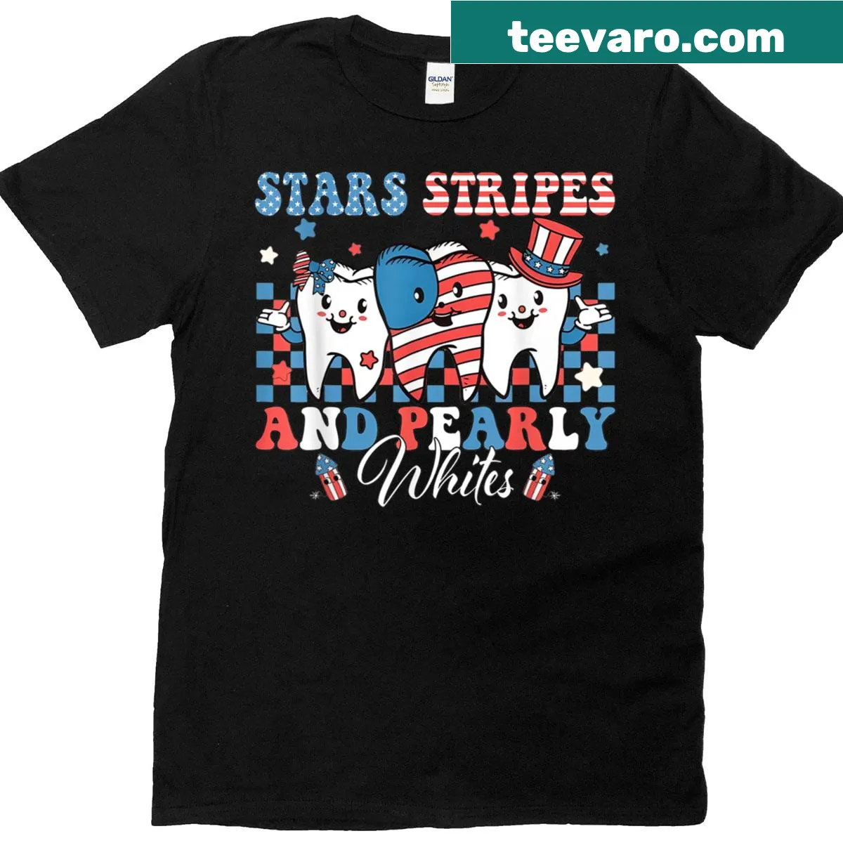 Patriotic dentist T-shirt with dental and American flag theme — on a men's t-shirt