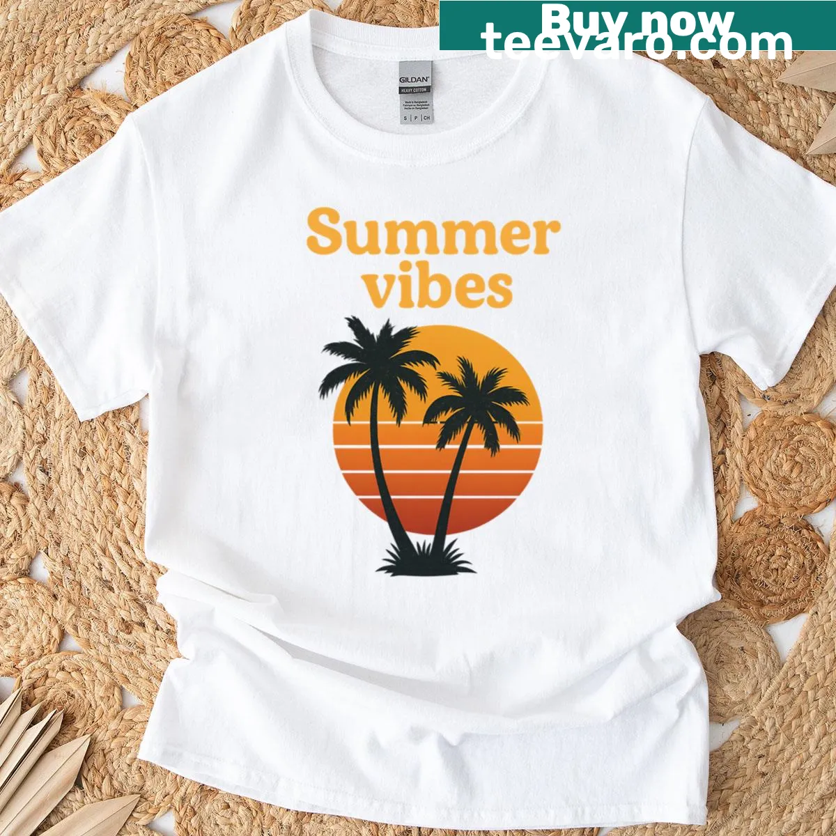 Retro T-shirt with a sunset and palm trees design — on a men's t-shirt