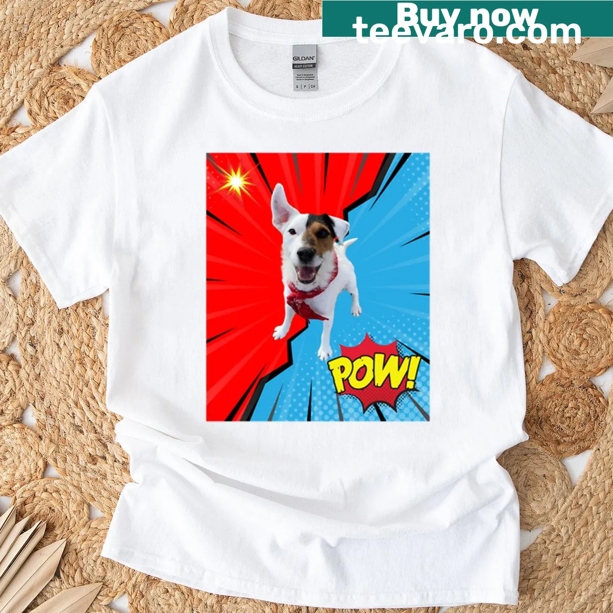 Playful t-shirt featuring a cartoon 'Super Dog' design. — on a men's t-shirt