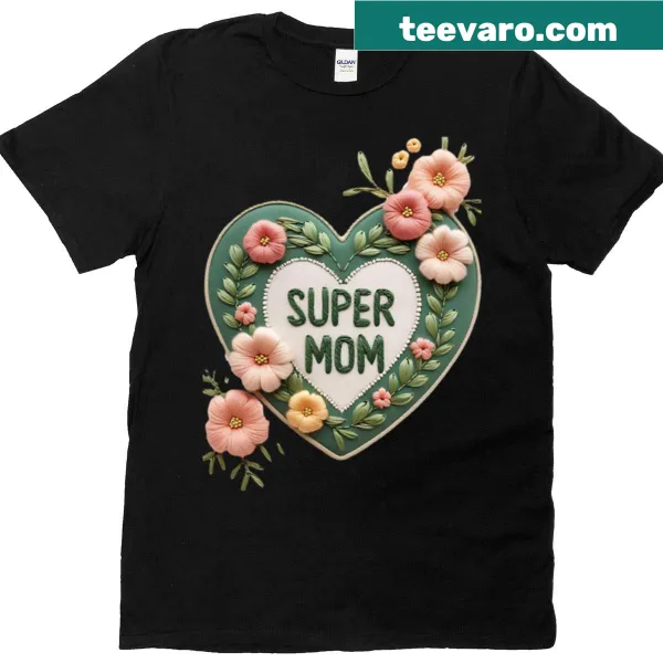 Illustrated t-shirt with floral embroidery and heart patch design for moms