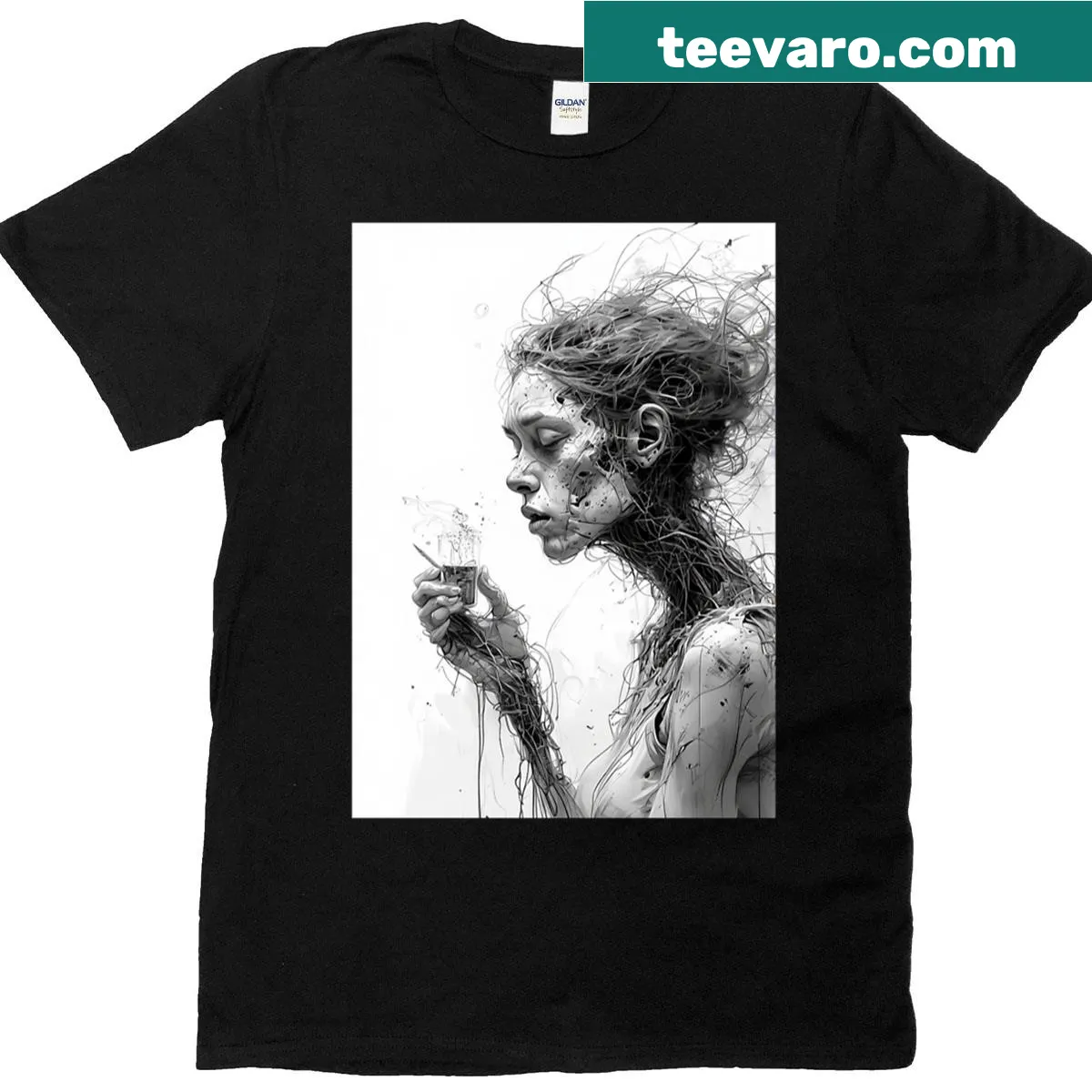 Minimalist T-shirt with surreal line-art of a hand and glass entwined — on a men's t-shirt