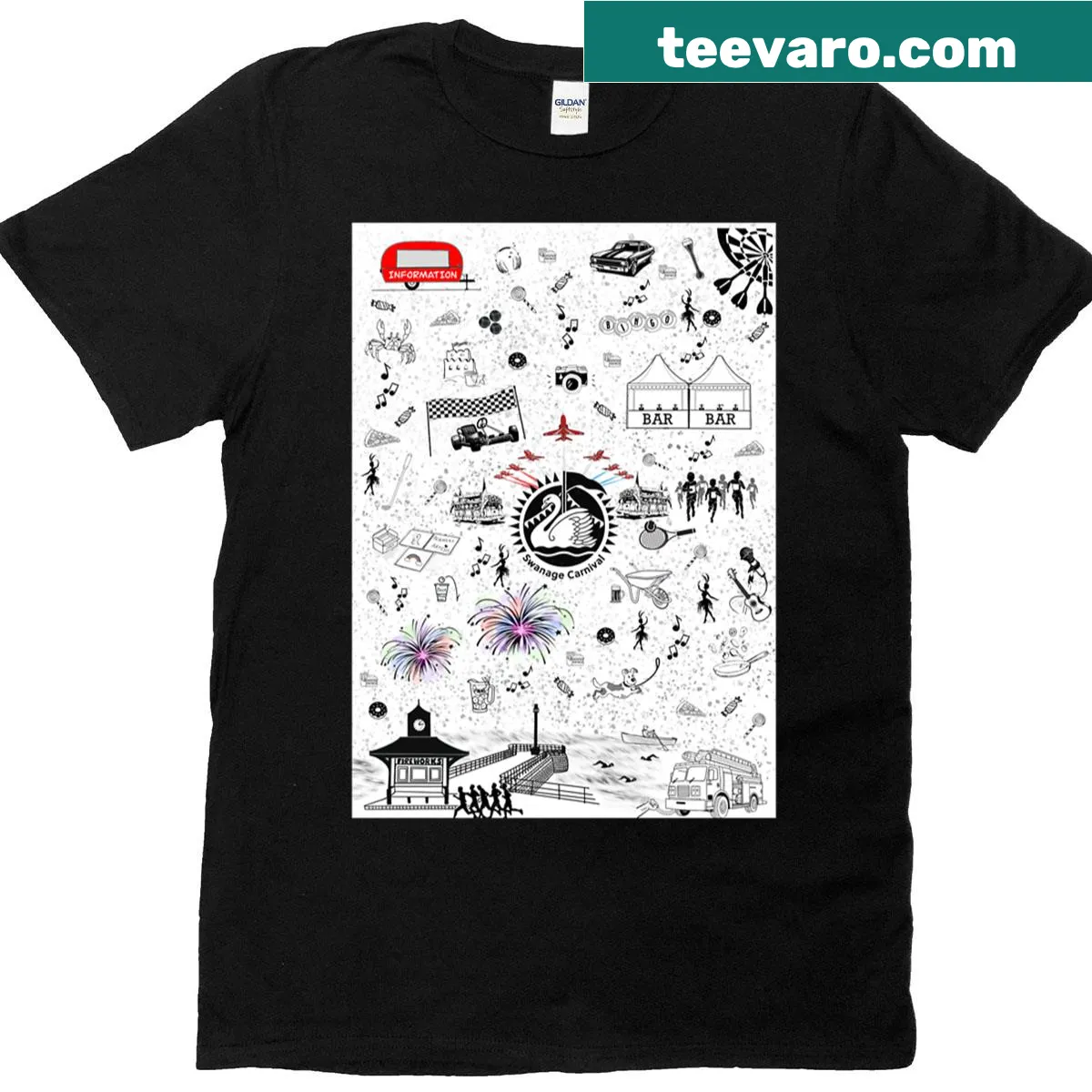 Illustrated design T-shirt celebrating Swanage Carnival — on a men's t-shirt