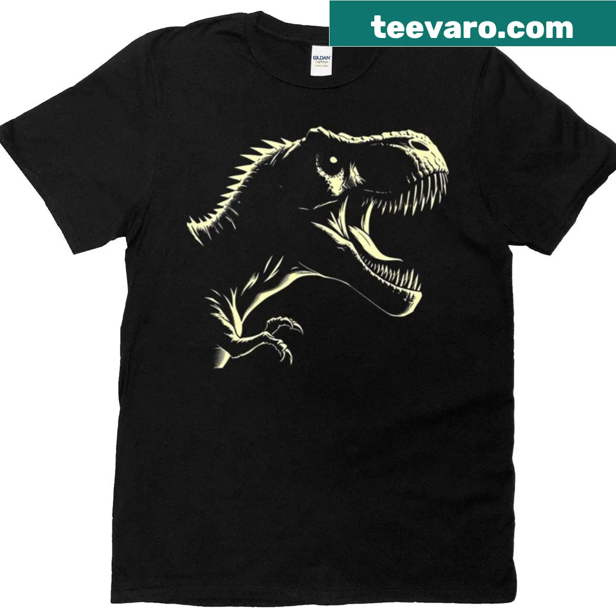 T-shirt featuring a roaring T-rex illustration — on a men's t-shirt