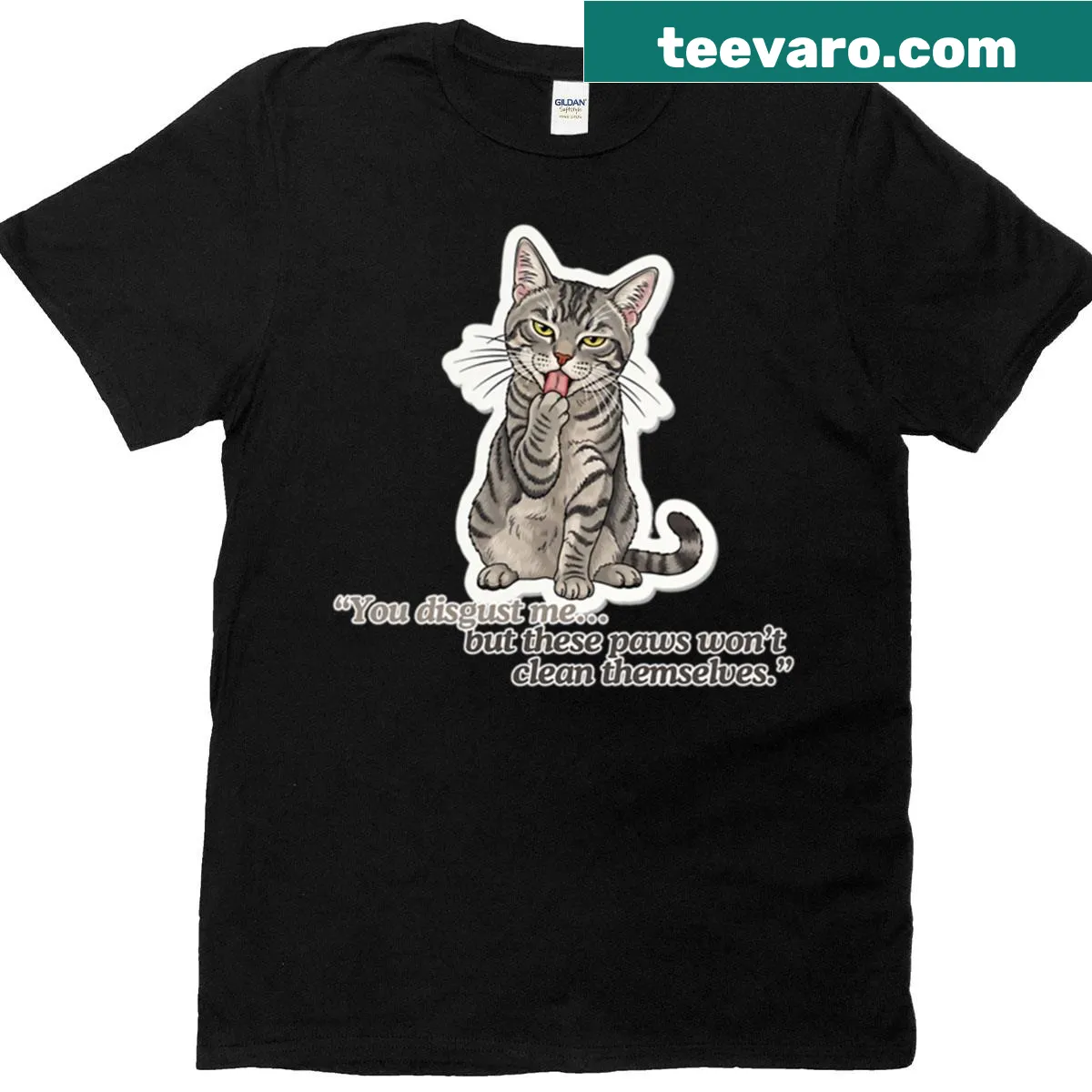 Illustration of a tabby cat's paw with a disapproving look — on a men's t-shirt