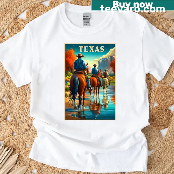 Vintage Texas travel poster with cowboys riding