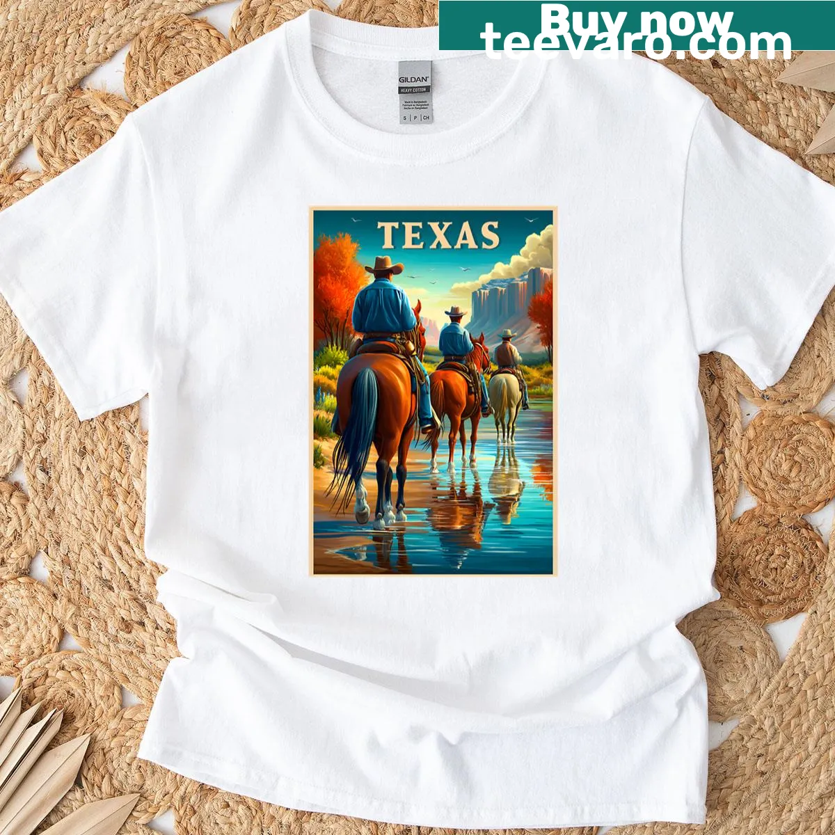 Vintage Texas travel poster with cowboys riding — on a men's t-shirt