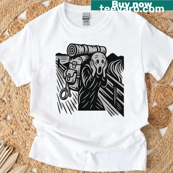 Parody art T-shirt featuring a humorous scream for outdoor lovers