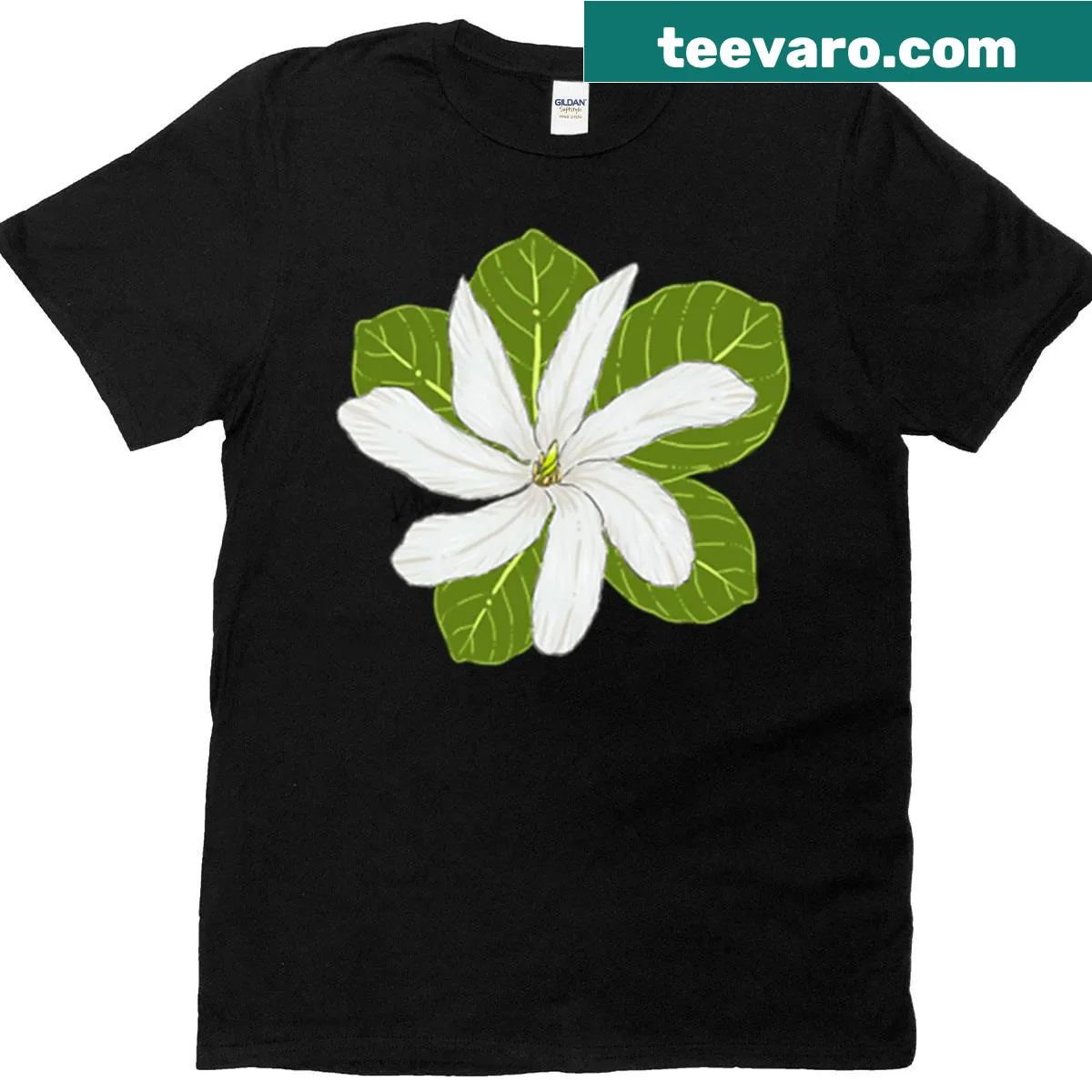 Illustrated Tiare flower with leaves on a t-shirt — on a men's t-shirt